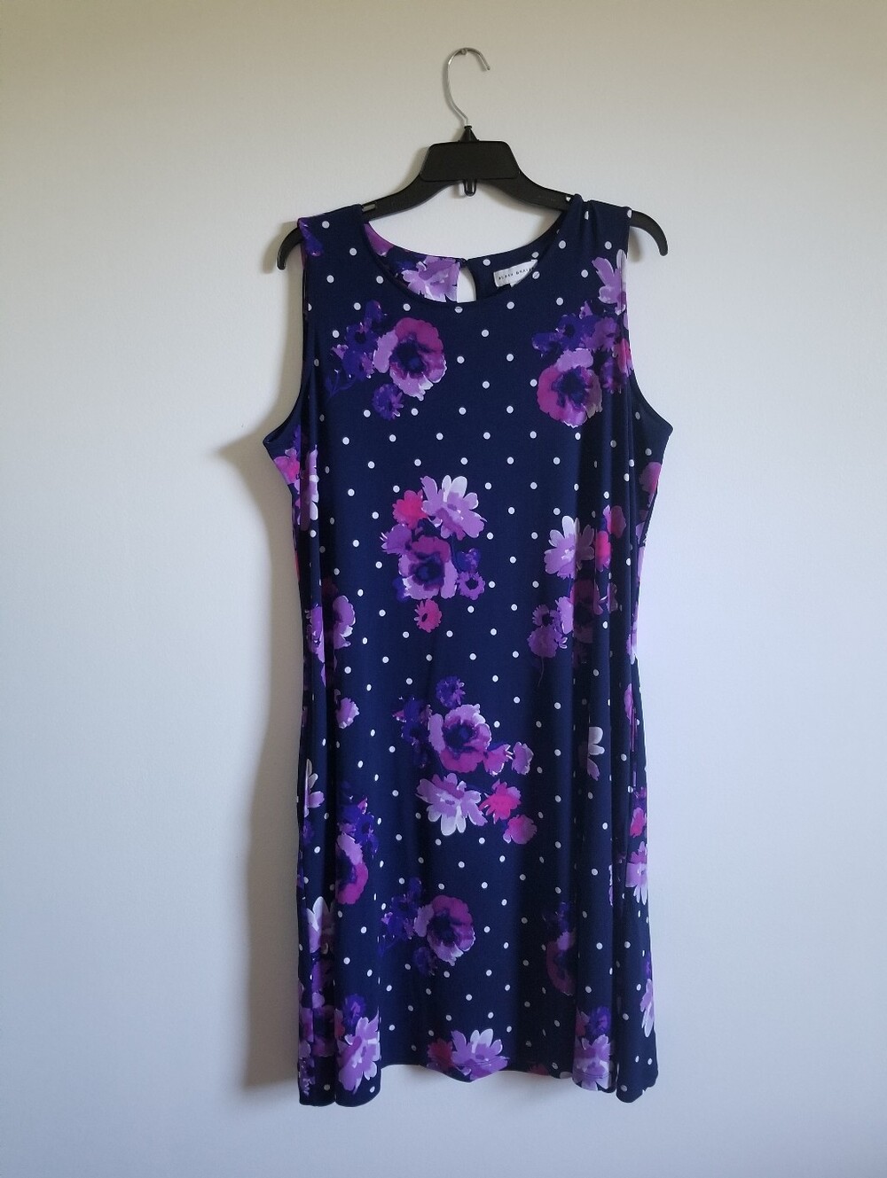 Susan Graver Navy Sleeveless Midi Dress with Purple Floral & White Polka Dots